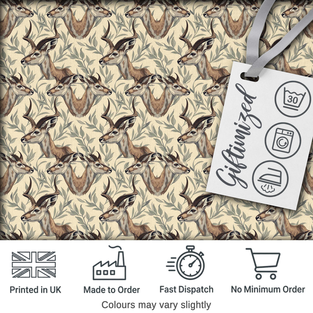 Natural Gazelle with Botanical Leaves Neutral Background Seamless Pattern Digital Print Fabric by the Metre UK Sewing Quilting Textile