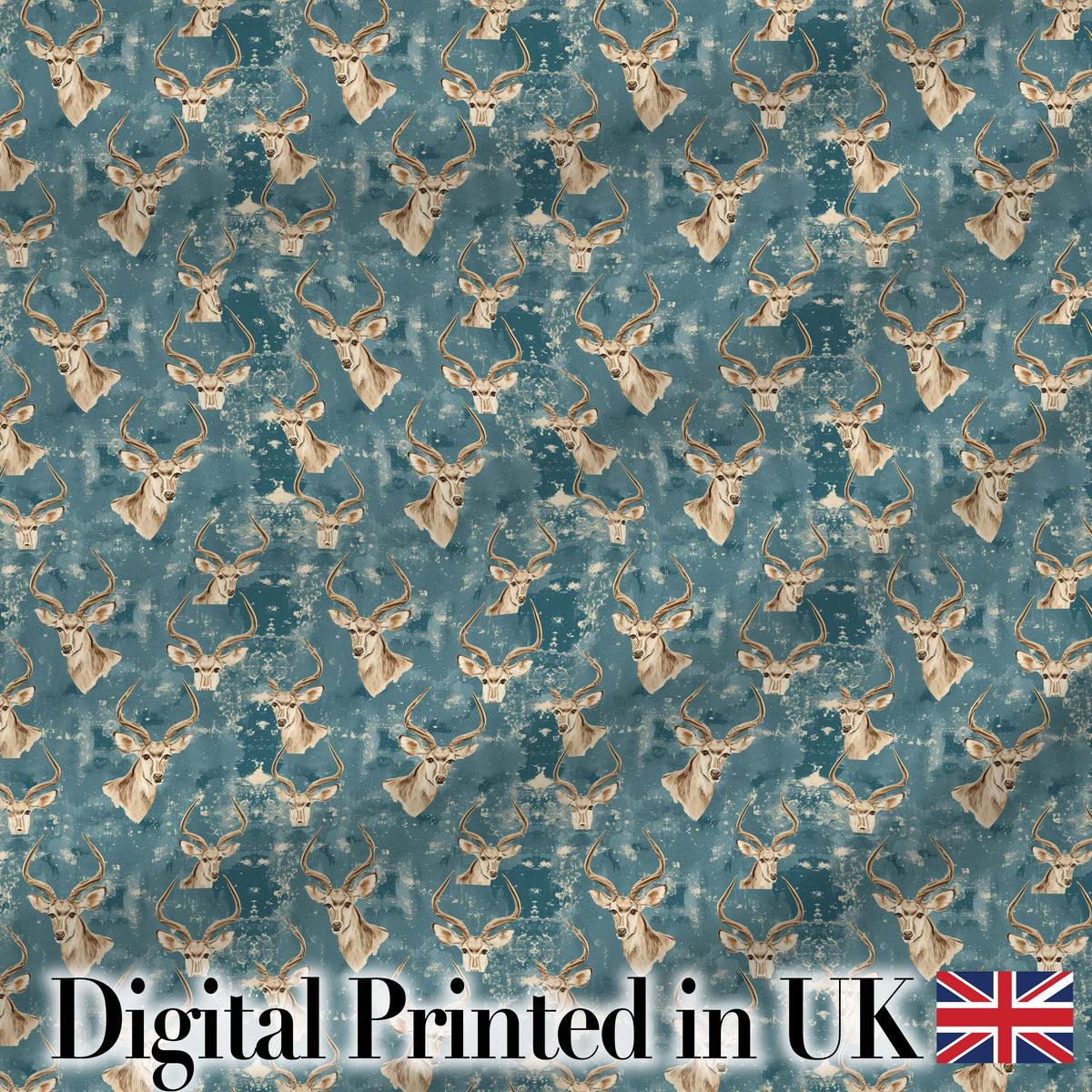 Minimal Antelope Heads on Textured Blue Background Seamless Pattern Digital Print Fabric by the Metre UK Sewing Quilting Textile
