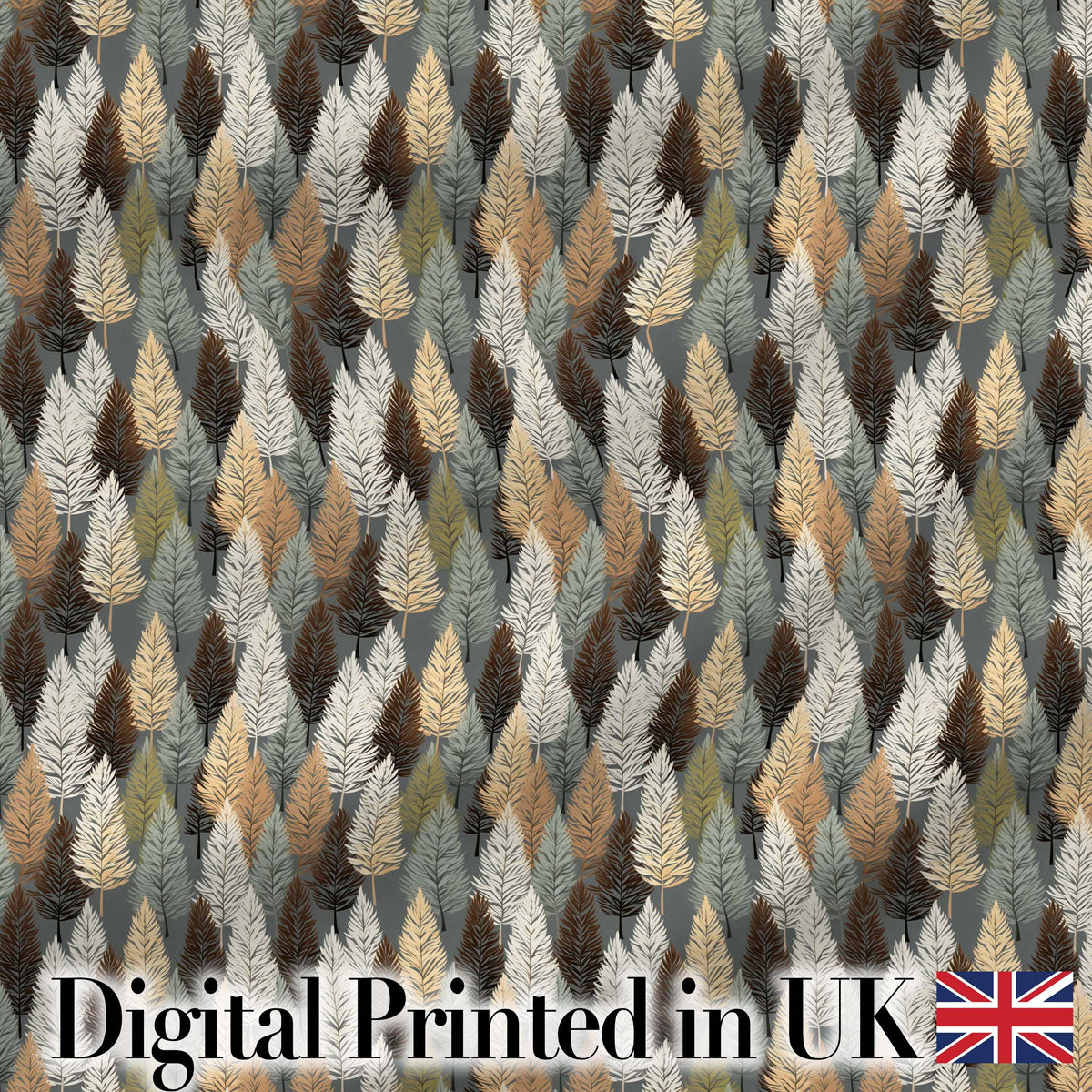 Autumn Neutral Leaf Pattern with Grey Brown and Beige Tones Seamless Digital Print Fabric by the Metre UK Sewing Quilting Textile