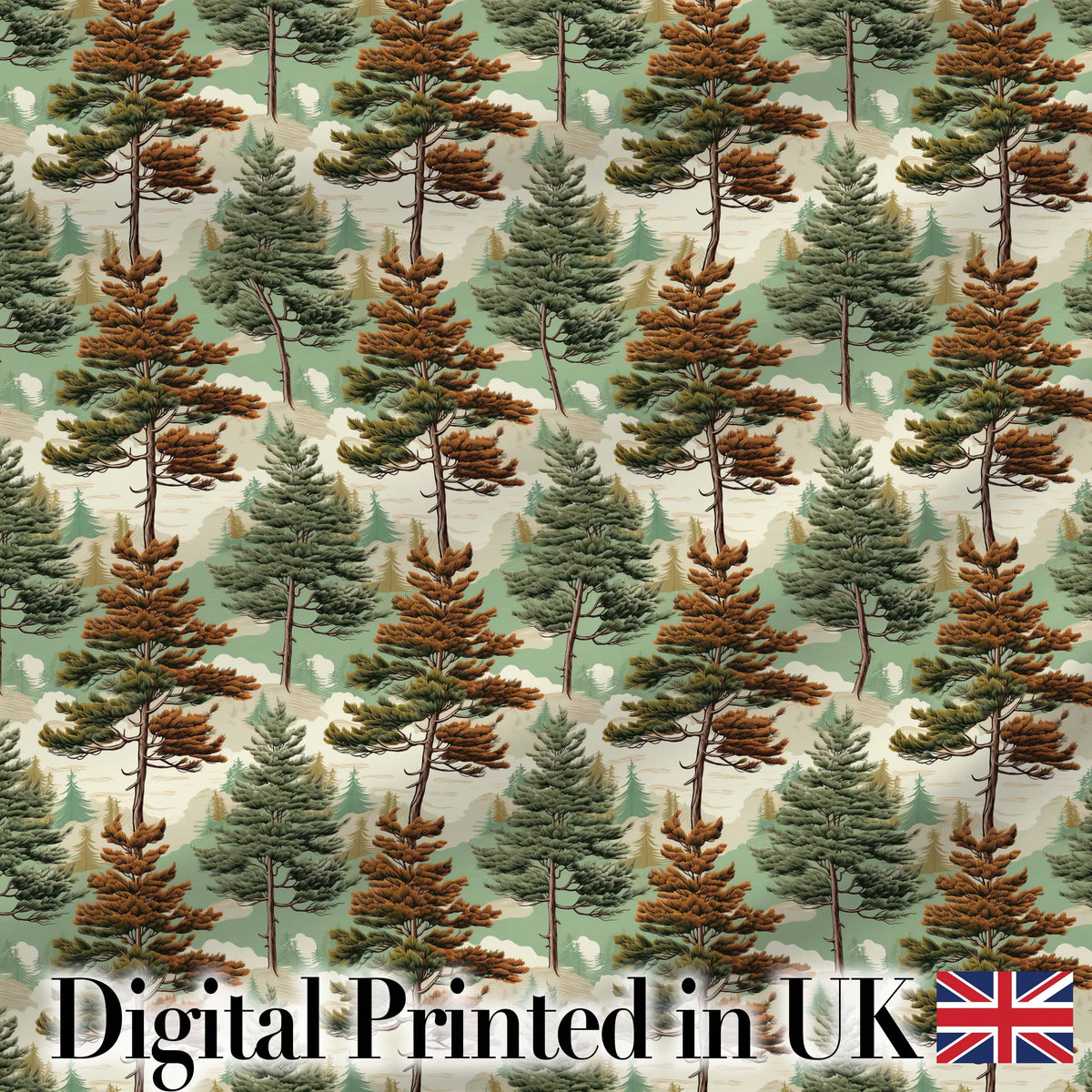 Vintage Woodland Trees Landscape Repeat Pattern Digital Print Fabric by the Metre UK Sewing Quilting Textile