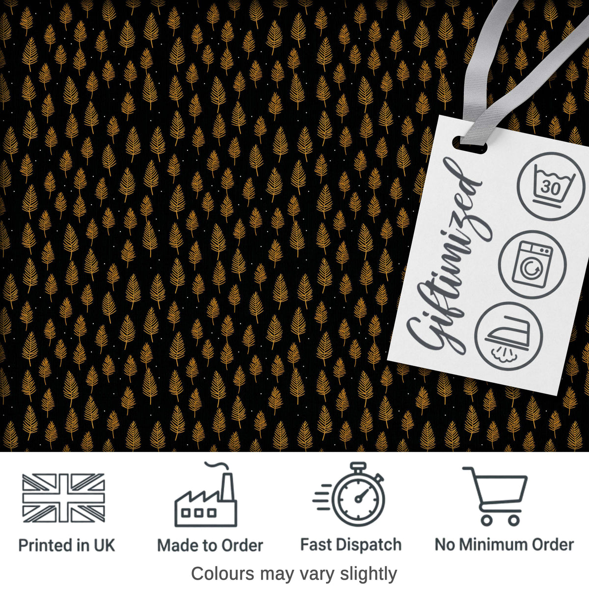 Elegant Gold Leaf Motif on Black Background Seamless Pattern Digital Print Fabric by the Metre UK Sewing Quilting Textile