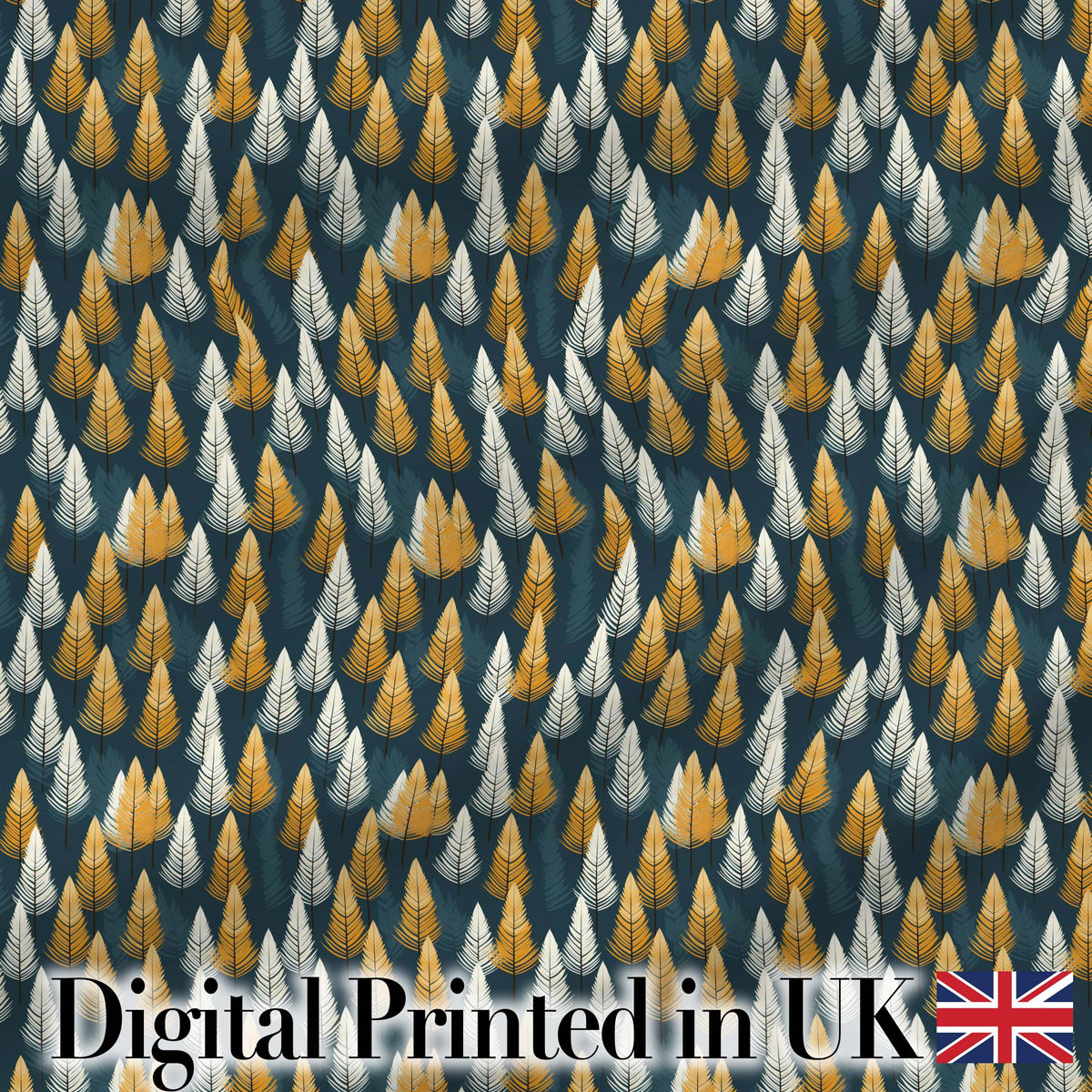 Scandinavian Leaf Pattern in Mustard White and Blue Seamless Digital Print Fabric by the Metre UK Sewing Quilting Textile