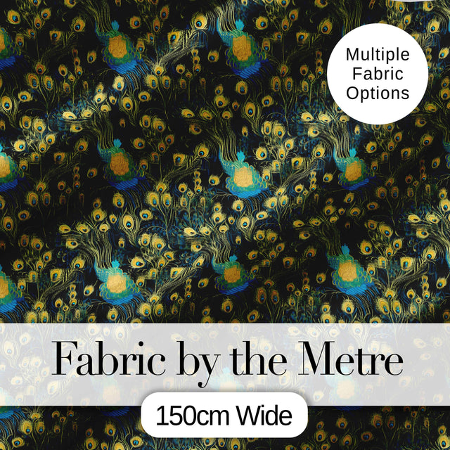 Luxury Dark Peacock Feathers with Gold Details Seamless Pattern Digital Print Fabric by the Metre UK Sewing Quilting Textile