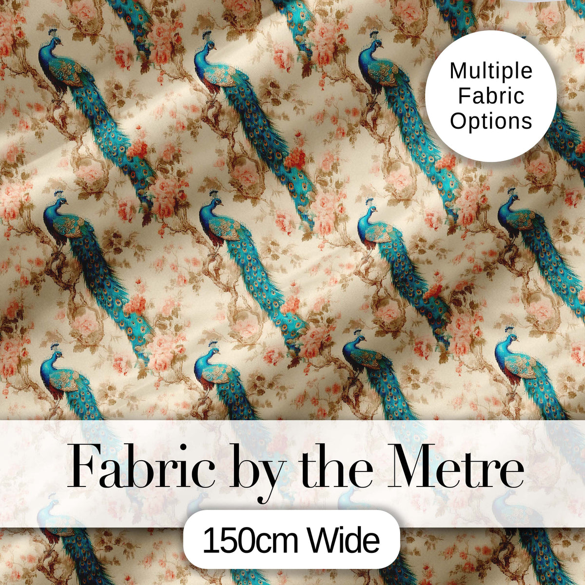 Classic Peacock Birds on Branch with Soft Floral Pattern Digital Print Fabric by the Metre UK Sewing Quilting Textile