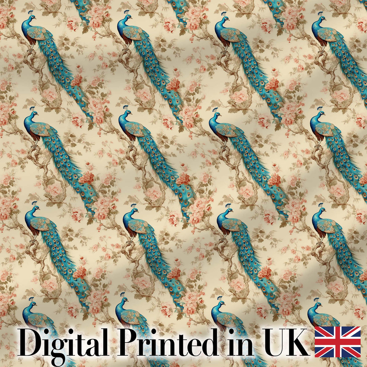 Classic Peacock Birds on Branch with Soft Floral Pattern Digital Print Fabric by the Metre UK Sewing Quilting Textile