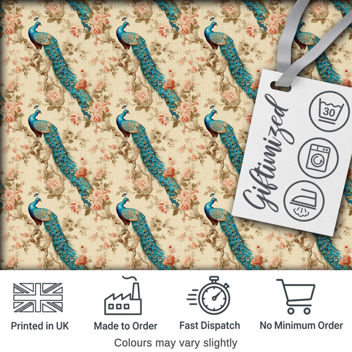 Classic Peacock Birds on Branch with Soft Floral Pattern Digital Print Fabric by the Metre UK Sewing Quilting Textile