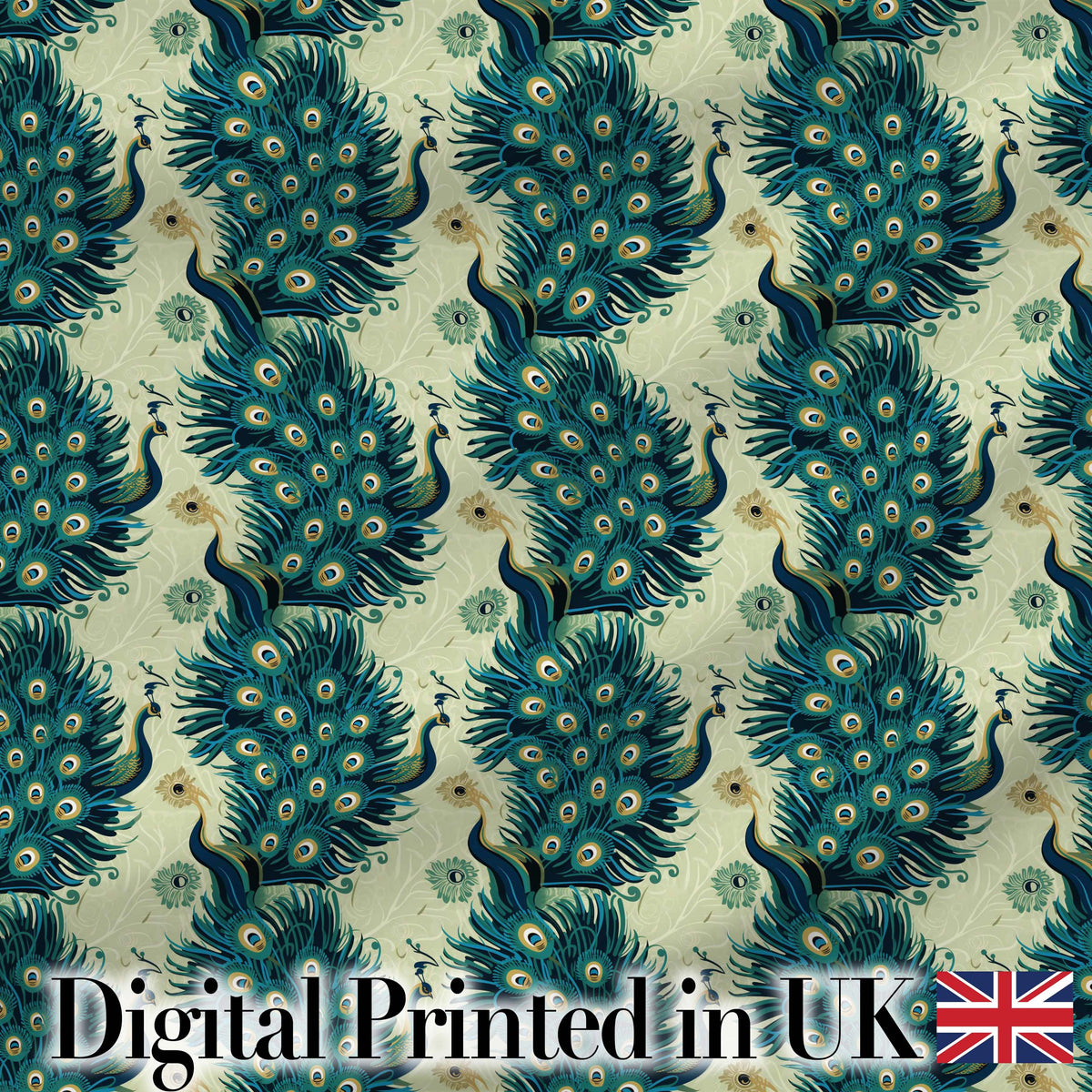 Art Deco Style Peacock with Ornate Feather Display Seamless Pattern Digital Print Fabric by the Metre UK Sewing Quilting Textile