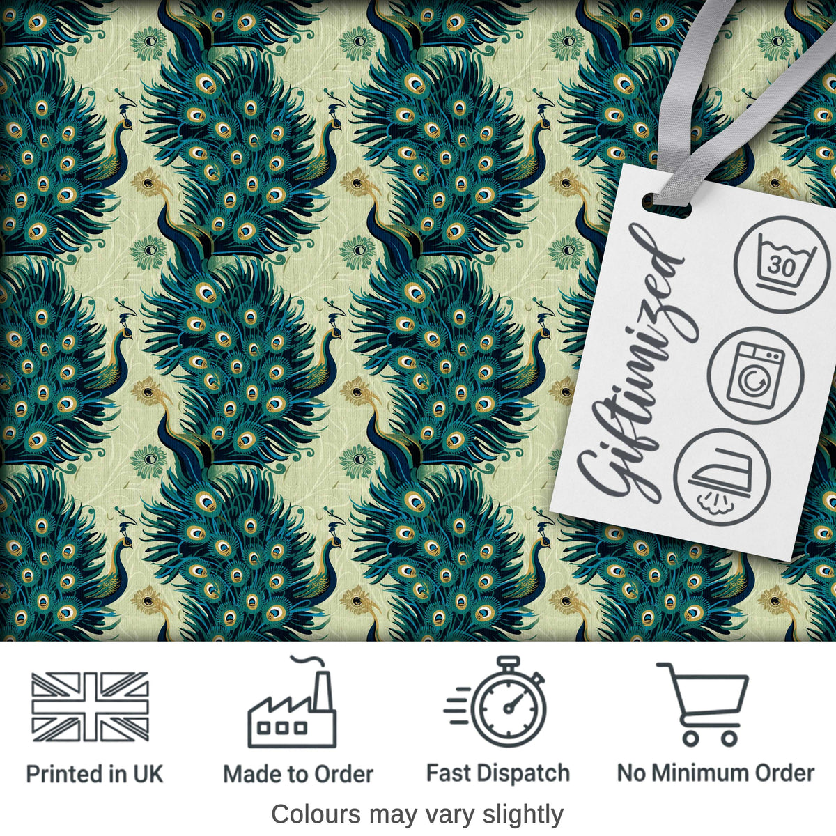 Art Deco Style Peacock with Ornate Feather Display Seamless Pattern Digital Print Fabric by the Metre UK Sewing Quilting Textile
