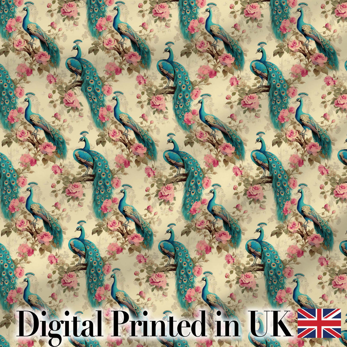 Vintage Peacock Birds with Pink Floral Garden Seamless Pattern Digital Print Fabric by the Metre UK Sewing Quilting Textile