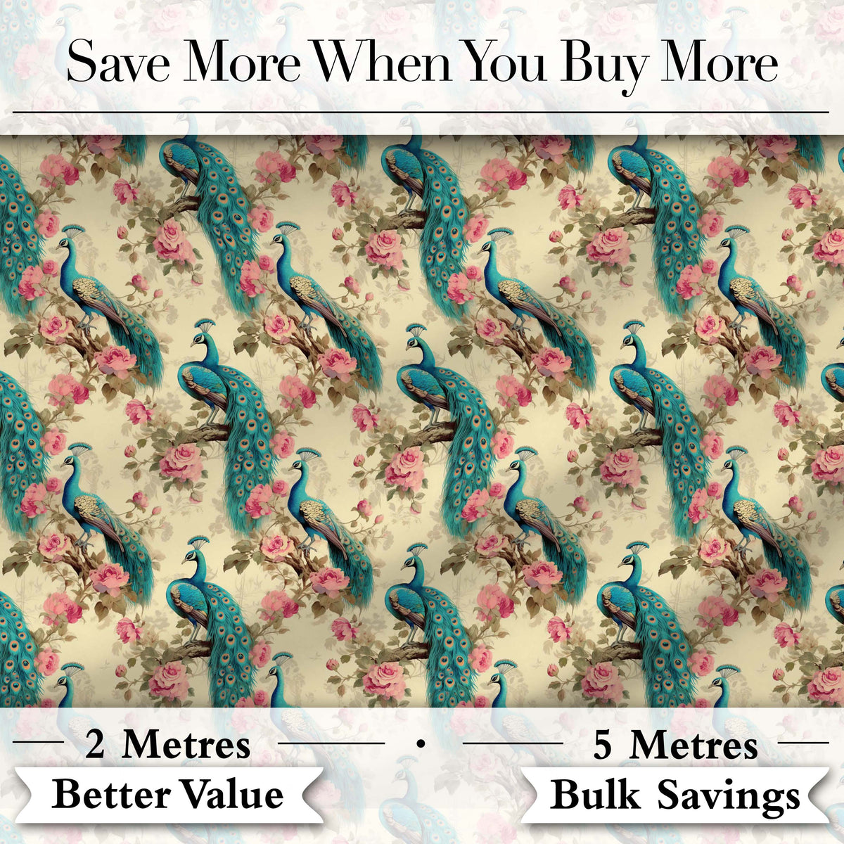 Vintage Peacock Birds with Pink Floral Garden Seamless Pattern Digital Print Fabric by the Metre UK Sewing Quilting Textile