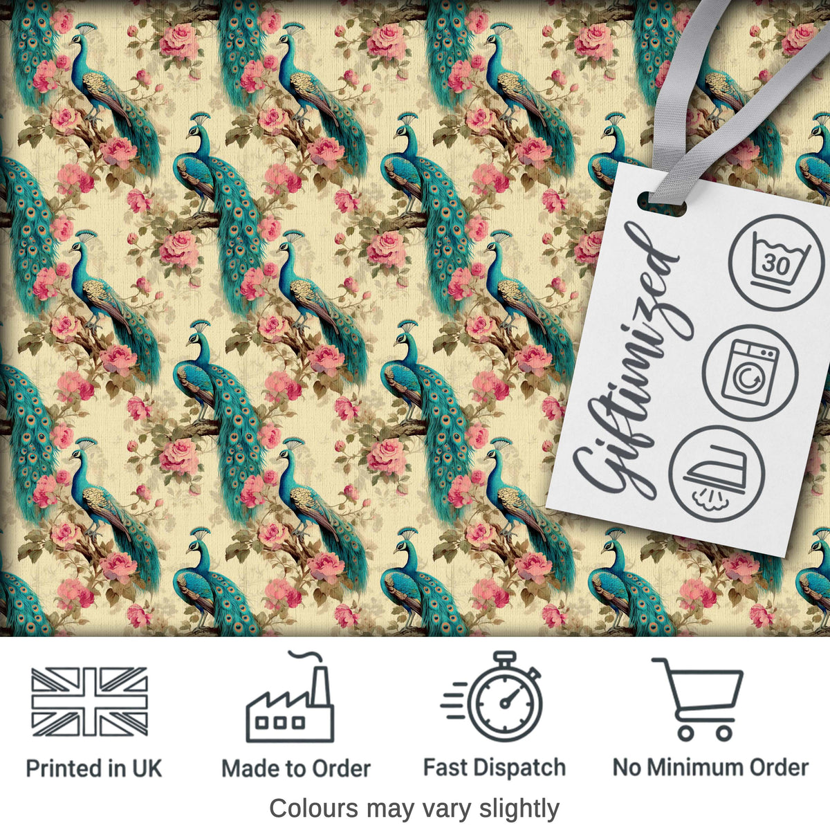 Vintage Peacock Birds with Pink Floral Garden Seamless Pattern Digital Print Fabric by the Metre UK Sewing Quilting Textile