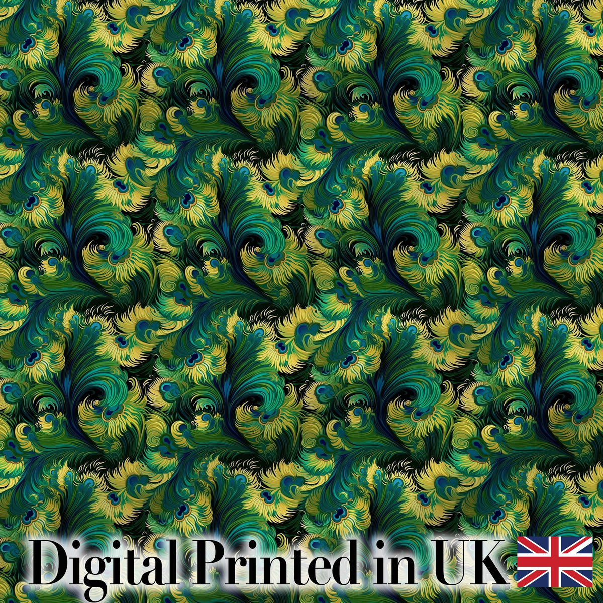 Abstract Peacock Feather Swirl in Green Blue Tones Seamless Pattern Digital Print Fabric by the Metre UK Sewing Quilting Textile