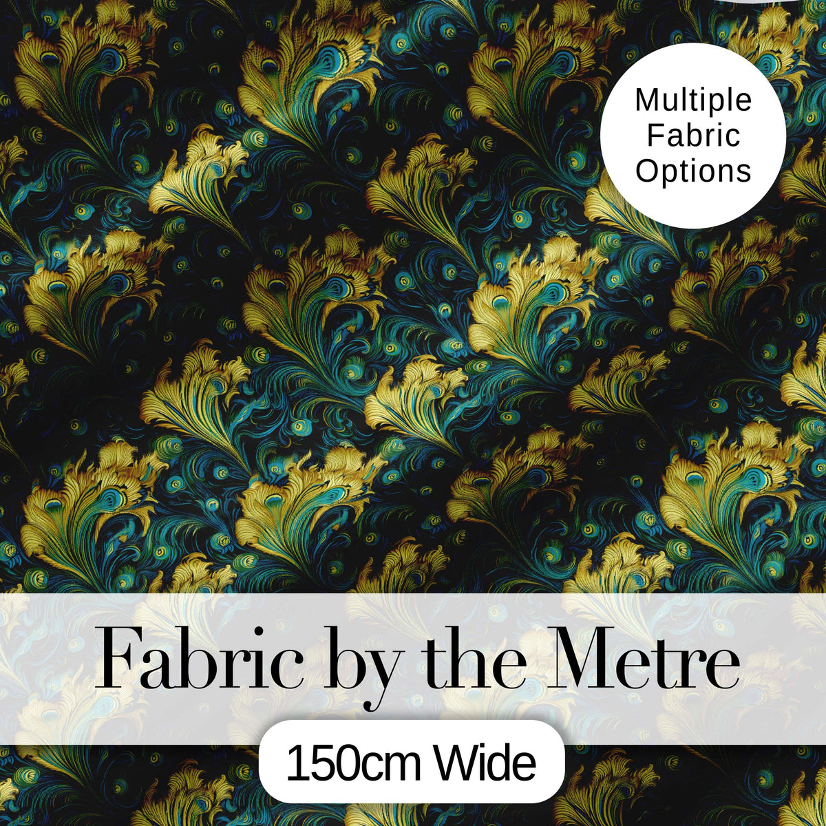Luxury Gold and Teal Peacock Feather Ornamental Seamless Pattern Digital Print Fabric by the Metre UK Sewing Quilting Textile
