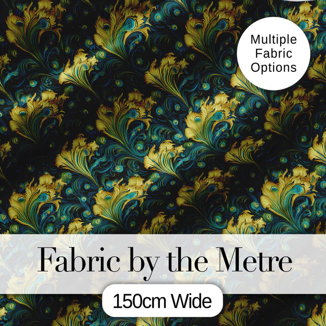 Luxury Gold and Teal Peacock Feather Ornamental Seamless Pattern Digital Print Fabric by the Metre UK Sewing Quilting Textile