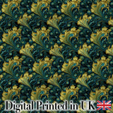 Luxury Gold and Teal Peacock Feather Ornamental Seamless Pattern Digital Print Fabric by the Metre UK Sewing Quilting Textile