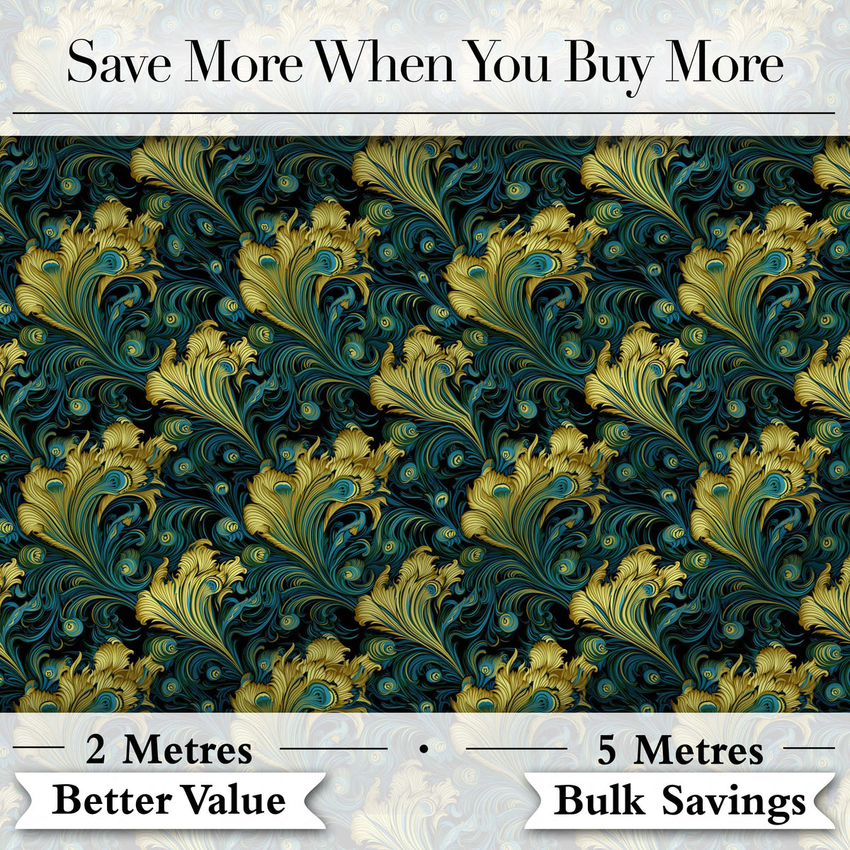 Luxury Gold and Teal Peacock Feather Ornamental Seamless Pattern Digital Print Fabric by the Metre UK Sewing Quilting Textile