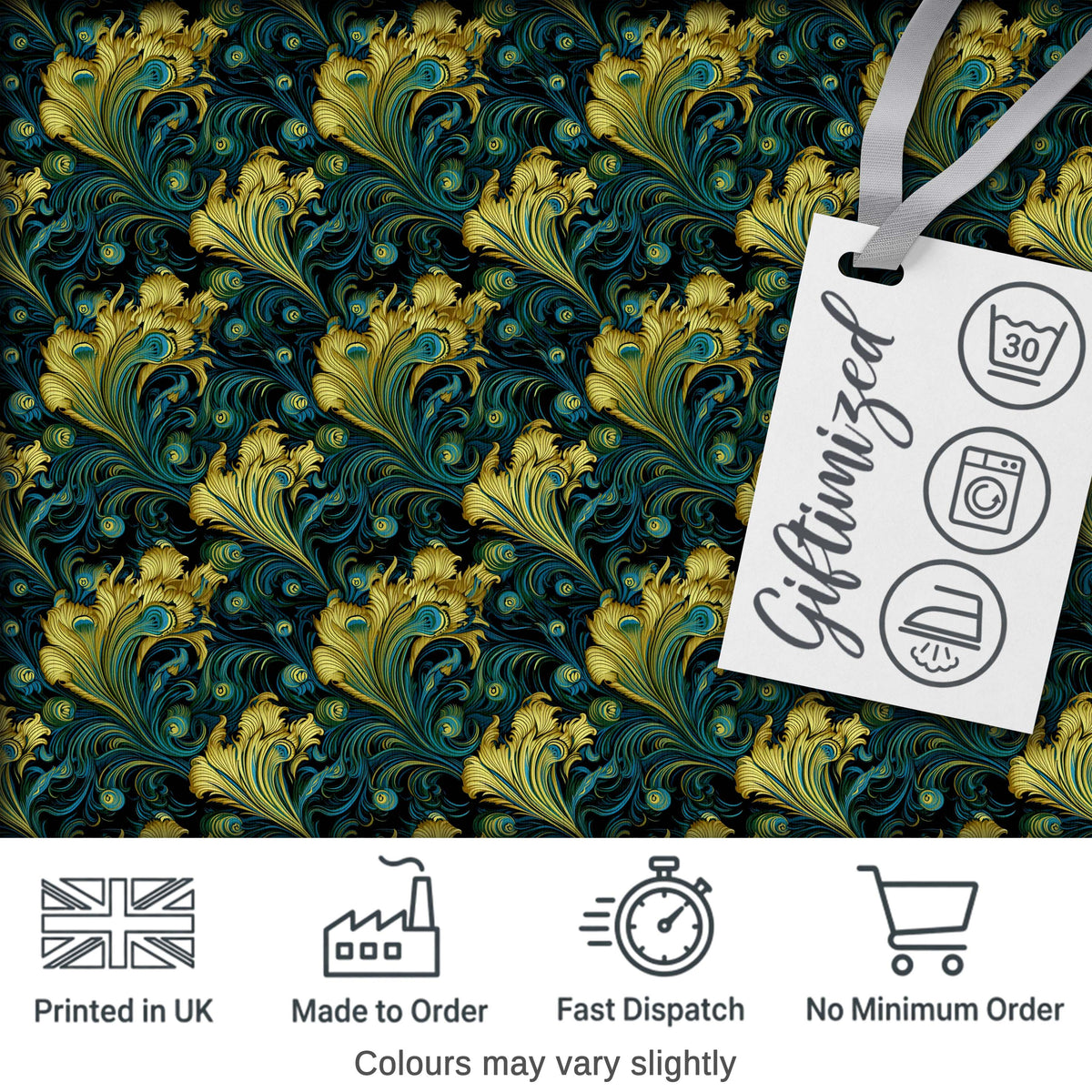Luxury Gold and Teal Peacock Feather Ornamental Seamless Pattern Digital Print Fabric by the Metre UK Sewing Quilting Textile