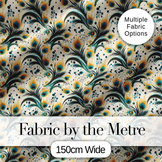 Elegant Peacock Feather Swirl with Gold and Teal Accents Seamless Pattern Digital Print Fabric by the Metre UK Sewing Quilting Textile