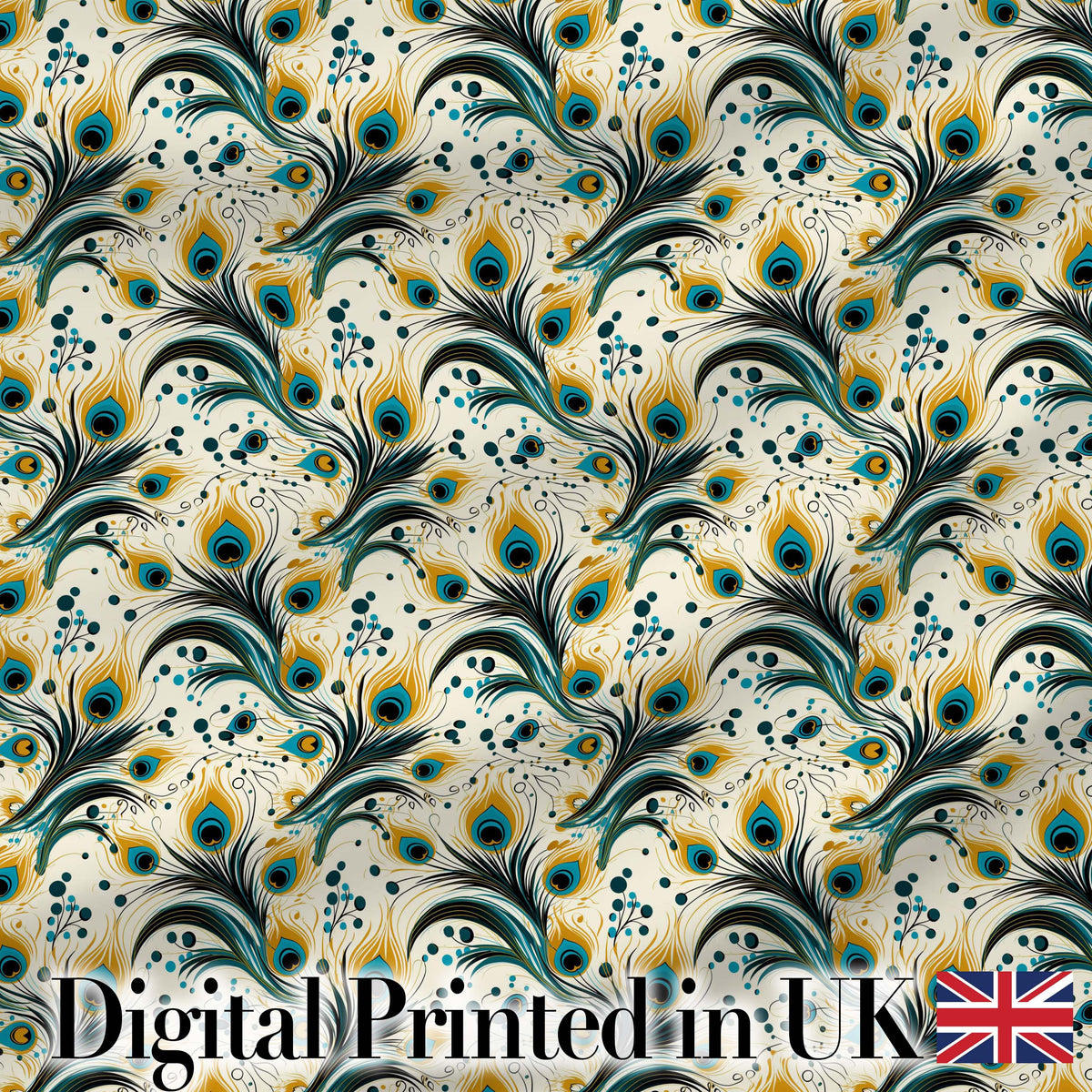 Elegant Peacock Feather Swirl with Gold and Teal Accents Seamless Pattern Digital Print Fabric by the Metre UK Sewing Quilting Textile