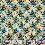 Elegant Peacock Feather Swirl with Gold and Teal Accents Seamless Pattern Digital Print Fabric by the Metre UK Sewing Quilting Textile