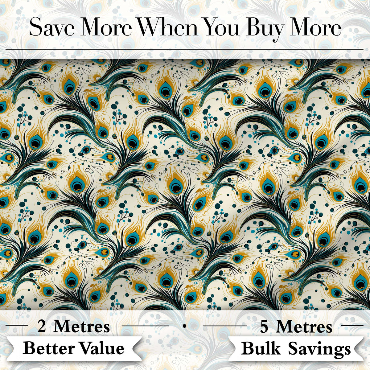 Elegant Peacock Feather Swirl with Gold and Teal Accents Seamless Pattern Digital Print Fabric by the Metre UK Sewing Quilting Textile