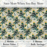 Elegant Peacock Feather Swirl with Gold and Teal Accents Seamless Pattern Digital Print Fabric by the Metre UK Sewing Quilting Textile