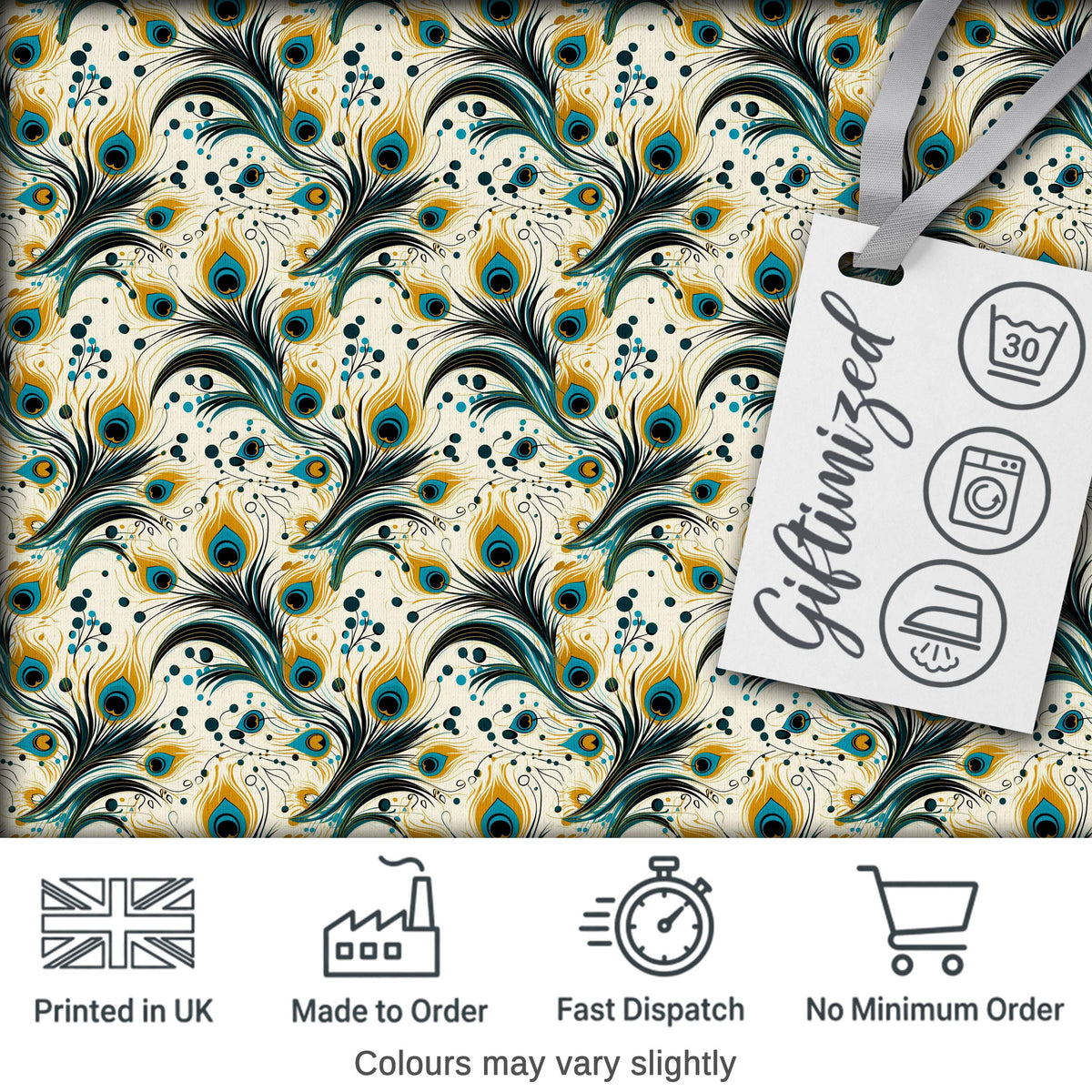 Elegant Peacock Feather Swirl with Gold and Teal Accents Seamless Pattern Digital Print Fabric by the Metre UK Sewing Quilting Textile
