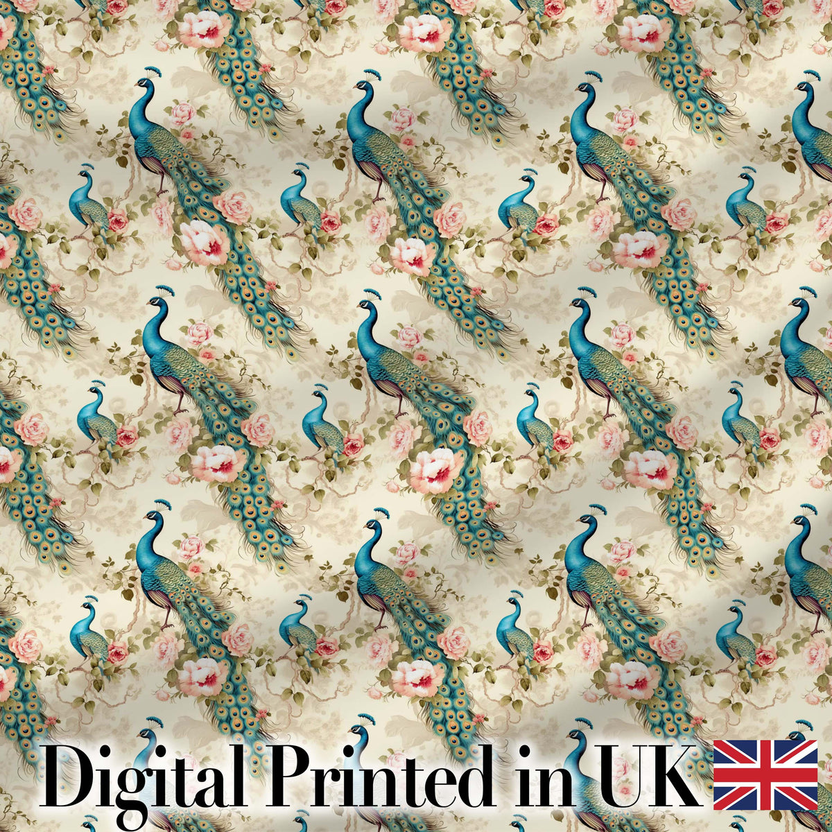 Vintage Peacock Birds with Pink Roses Floral Garden Seamless Pattern Digital Print Fabric by the Metre UK Sewing Quilting Textile