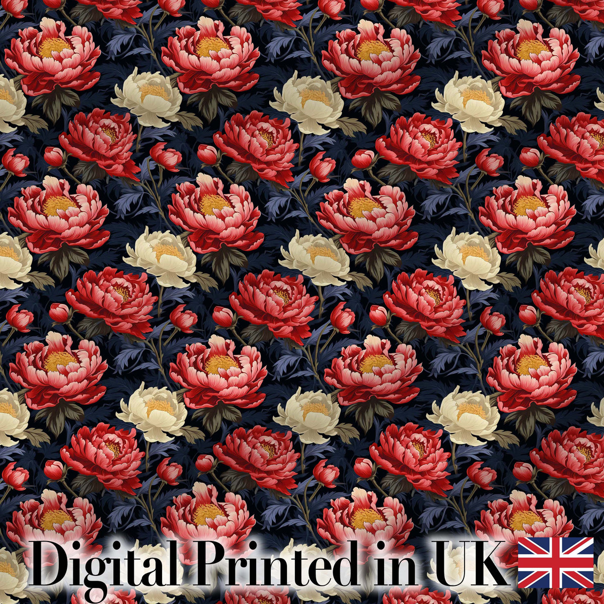 Bold Red and Cream Peony Floral on Dark Background Seamless Pattern Digital Print Fabric by the Metre UK Sewing Quilting Textile