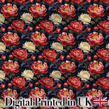 Bold Red and Cream Peony Floral on Dark Background Seamless Pattern Digital Print Fabric by the Metre UK Sewing Quilting Textile
