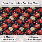 Bold Red and Cream Peony Floral on Dark Background Seamless Pattern Digital Print Fabric by the Metre UK Sewing Quilting Textile