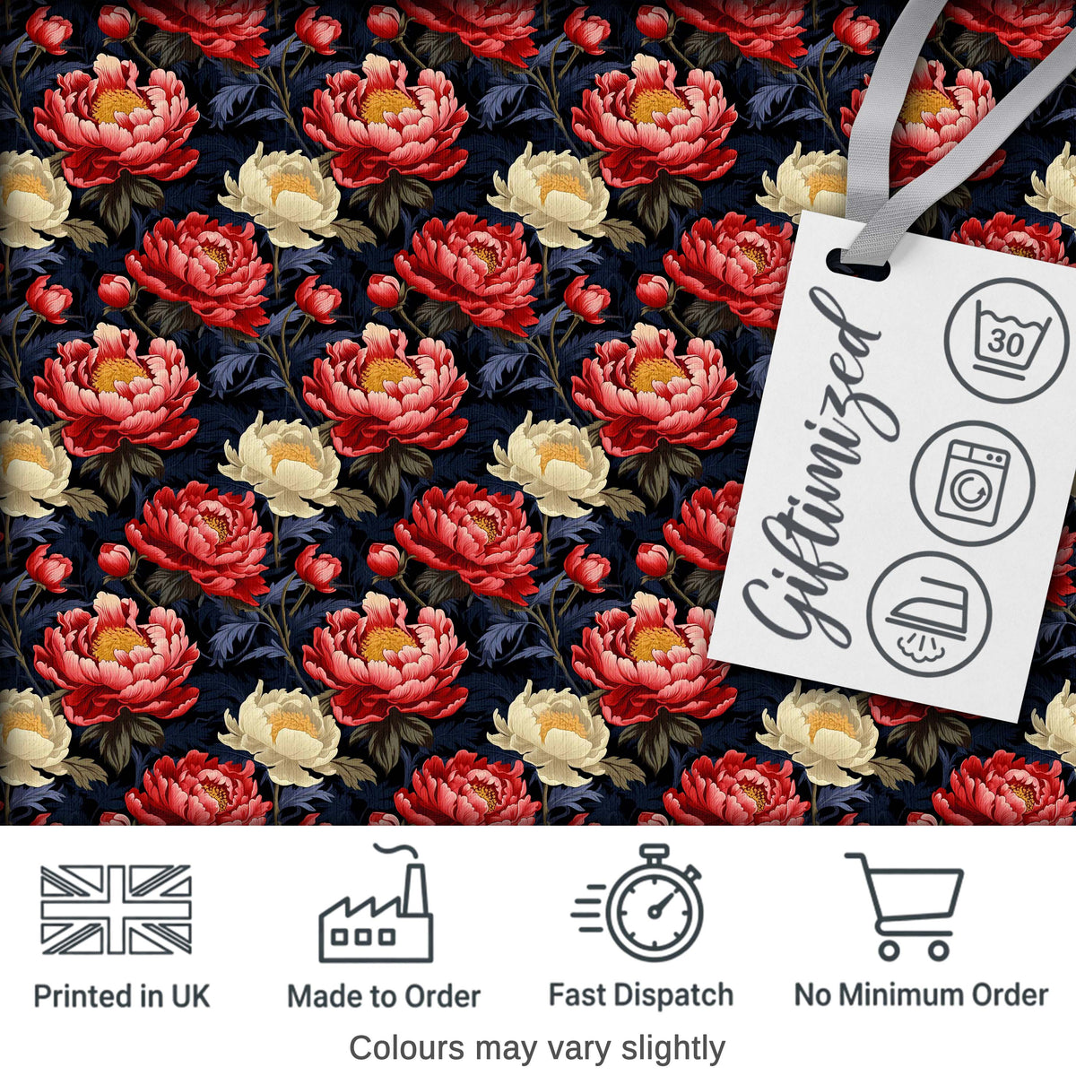 Bold Red and Cream Peony Floral on Dark Background Seamless Pattern Digital Print Fabric by the Metre UK Sewing Quilting Textile