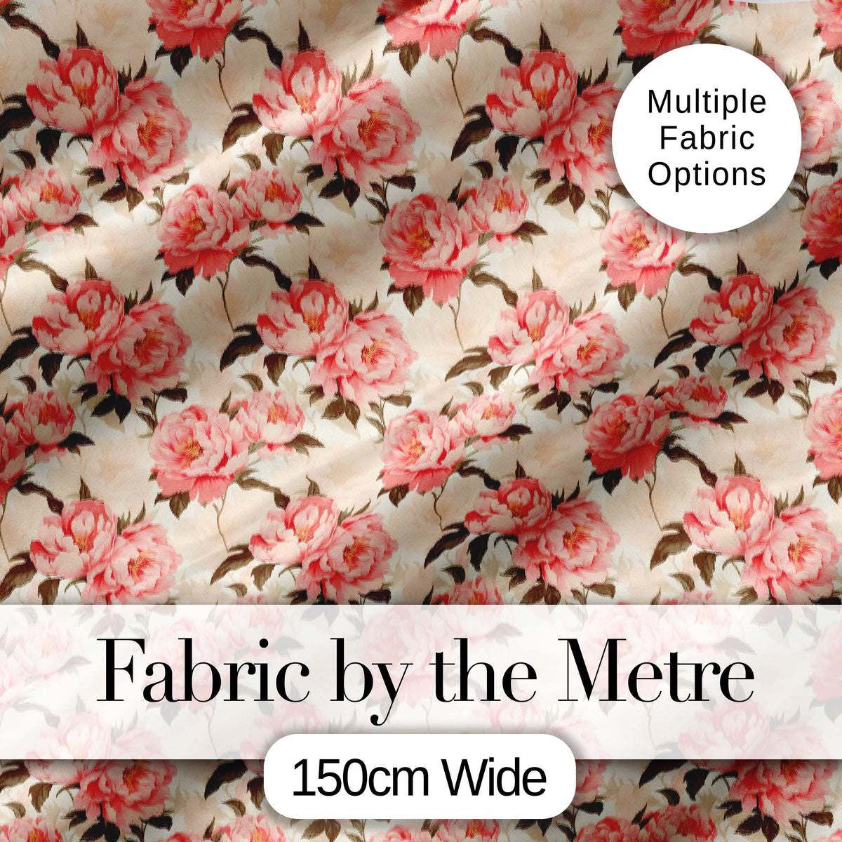 Delicate Pink Peony Blossoms on Neutral Background Seamless Pattern Digital Print Fabric by the Metre UK Sewing Quilting Textile