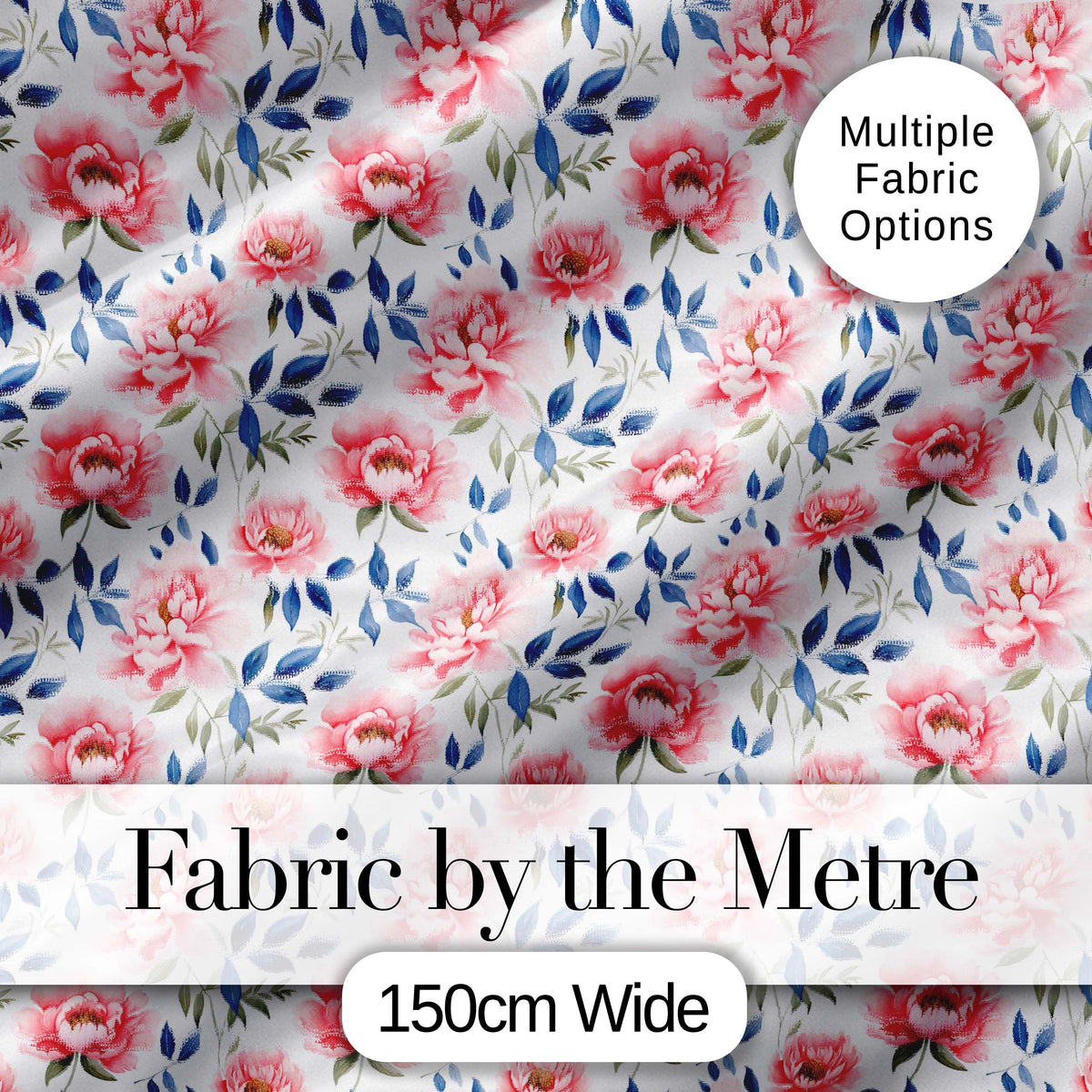 Soft Pink Watercolor Peony Flowers with Blue Leaves Seamless Pattern Digital Print Fabric by the Metre UK Sewing Quilting Textile