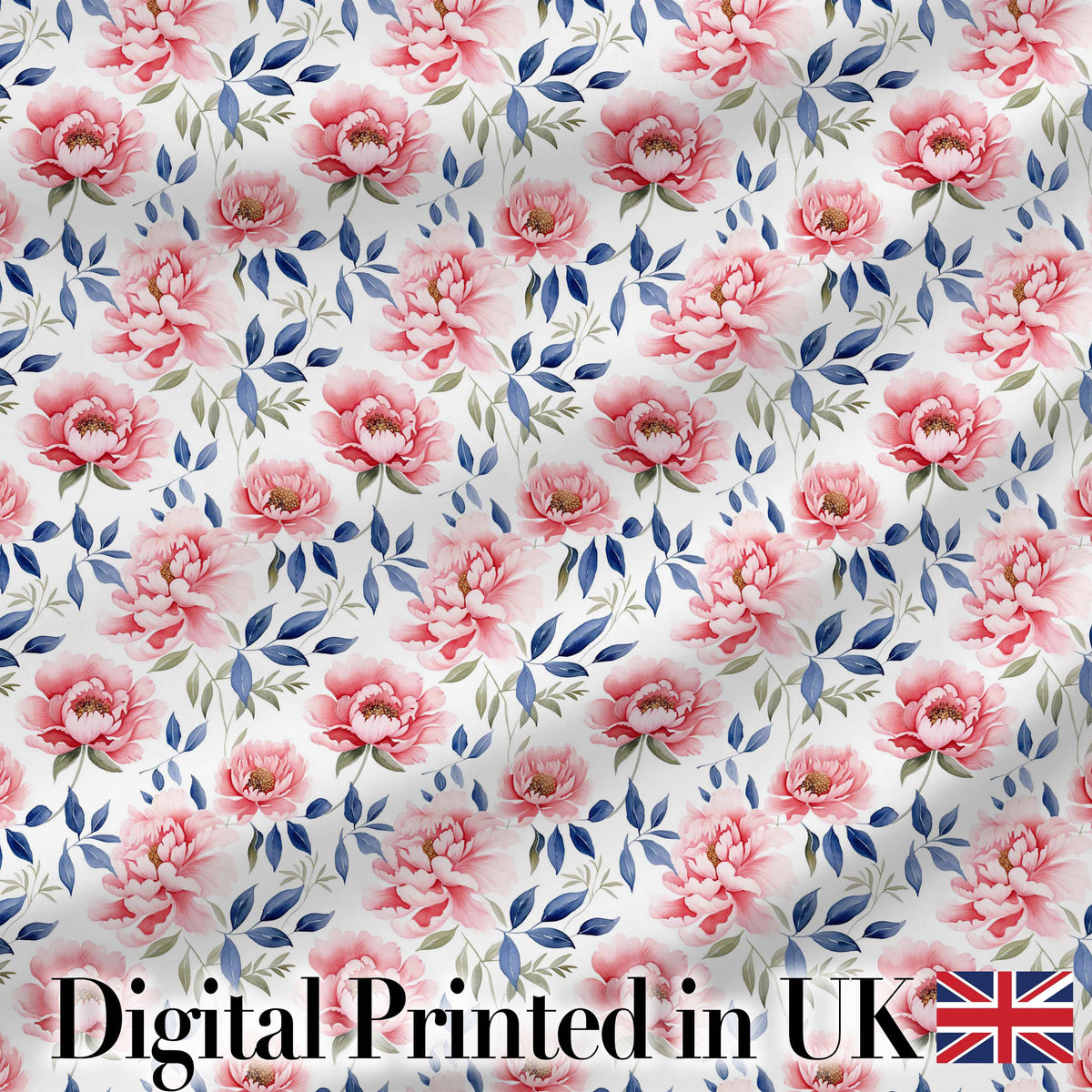 Soft Pink Watercolor Peony Flowers with Blue Leaves Seamless Pattern Digital Print Fabric by the Metre UK Sewing Quilting Textile
