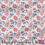 Soft Pink Watercolor Peony Flowers with Blue Leaves Seamless Pattern Digital Print Fabric by the Metre UK Sewing Quilting Textile