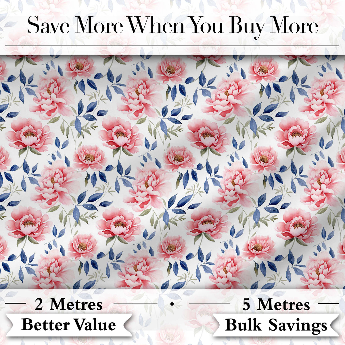 Soft Pink Watercolor Peony Flowers with Blue Leaves Seamless Pattern Digital Print Fabric by the Metre UK Sewing Quilting Textile
