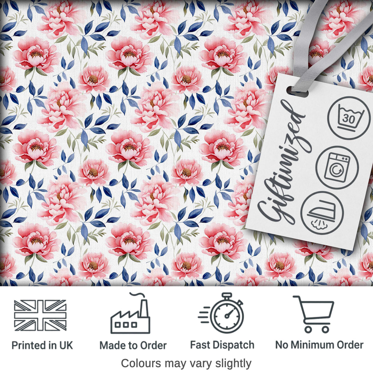 Soft Pink Watercolor Peony Flowers with Blue Leaves Seamless Pattern Digital Print Fabric by the Metre UK Sewing Quilting Textile