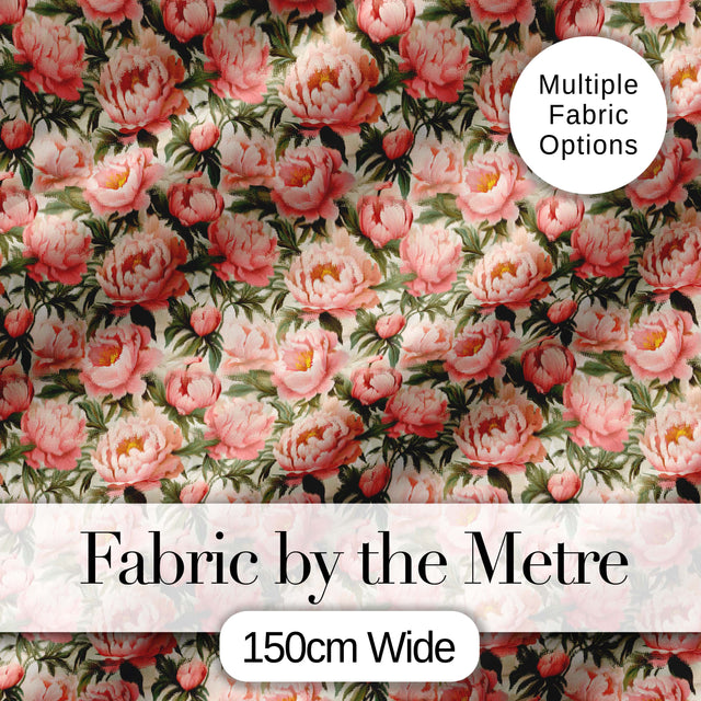 Blush Pink Peony Flowers with Green Leaves Elegant Seamless Pattern Digital Print Fabric by the Metre UK Sewing Quilting Textile