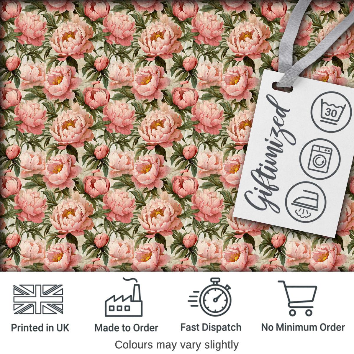 Blush Pink Peony Flowers with Green Leaves Elegant Seamless Pattern Digital Print Fabric by the Metre UK Sewing Quilting Textile