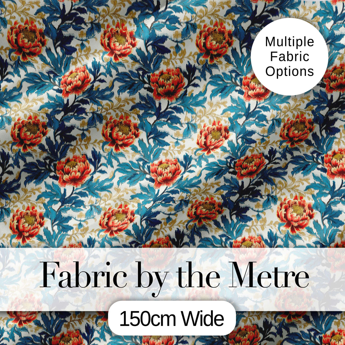 Red Floral Blossoms with Blue Leaves Vintage Style Seamless Pattern Digital Print Fabric by the Metre UK Sewing Quilting Textile
