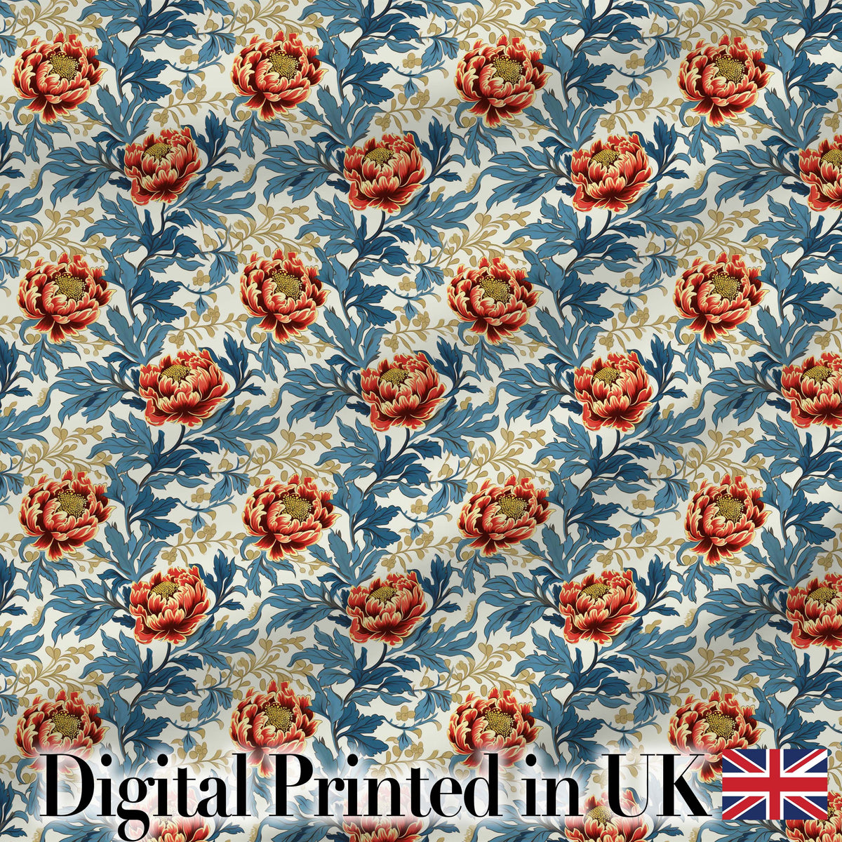 Red Floral Blossoms with Blue Leaves Vintage Style Seamless Pattern Digital Print Fabric by the Metre UK Sewing Quilting Textile