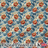 Red Floral Blossoms with Blue Leaves Vintage Style Seamless Pattern Digital Print Fabric by the Metre UK Sewing Quilting Textile