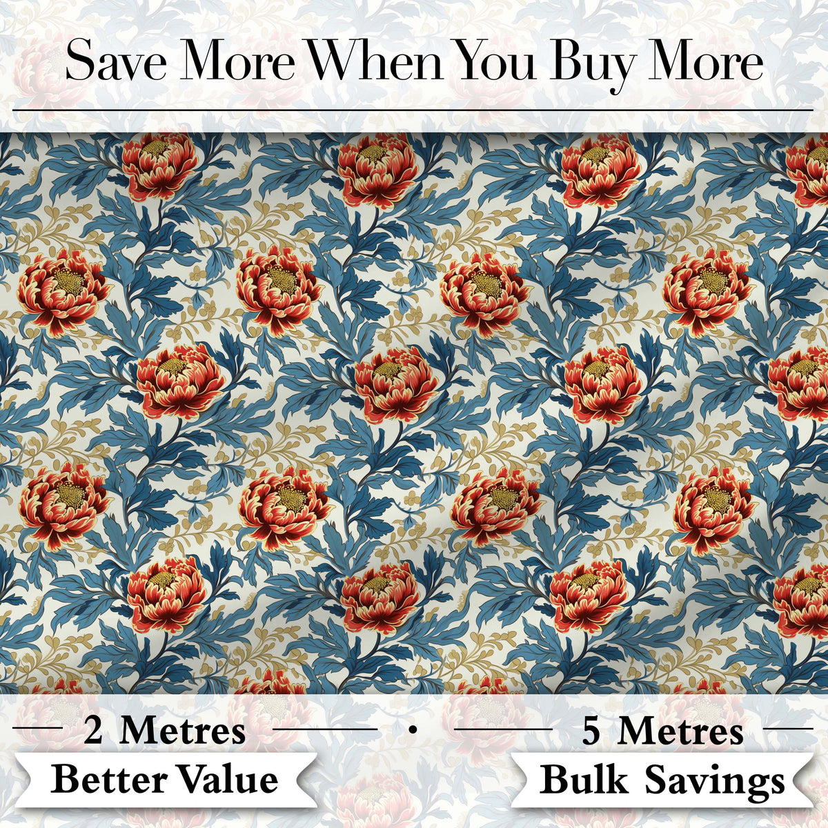 Red Floral Blossoms with Blue Leaves Vintage Style Seamless Pattern Digital Print Fabric by the Metre UK Sewing Quilting Textile