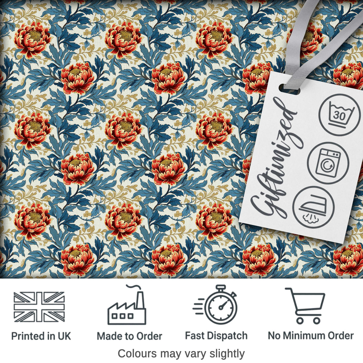 Red Floral Blossoms with Blue Leaves Vintage Style Seamless Pattern Digital Print Fabric by the Metre UK Sewing Quilting Textile