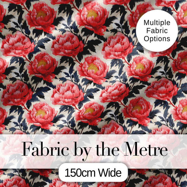 Coral Red Peony Flowers with Dark Leaves Seamless Pattern Digital Print Fabric by the Metre UK Sewing Quilting Textile