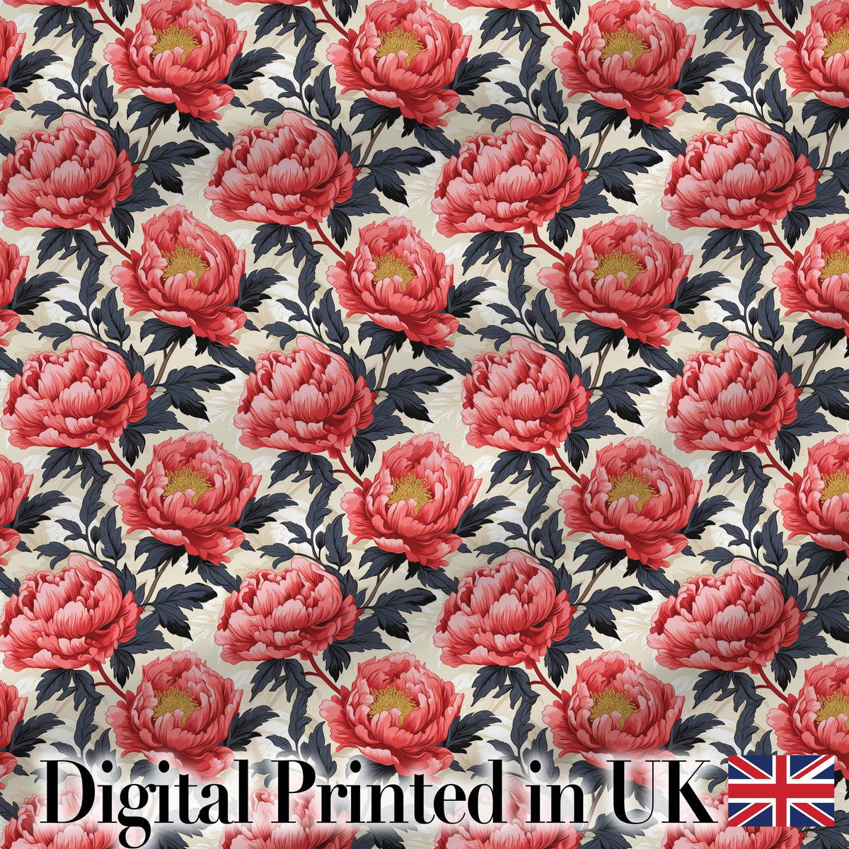 Coral Red Peony Flowers with Dark Leaves Seamless Pattern Digital Print Fabric by the Metre UK Sewing Quilting Textile