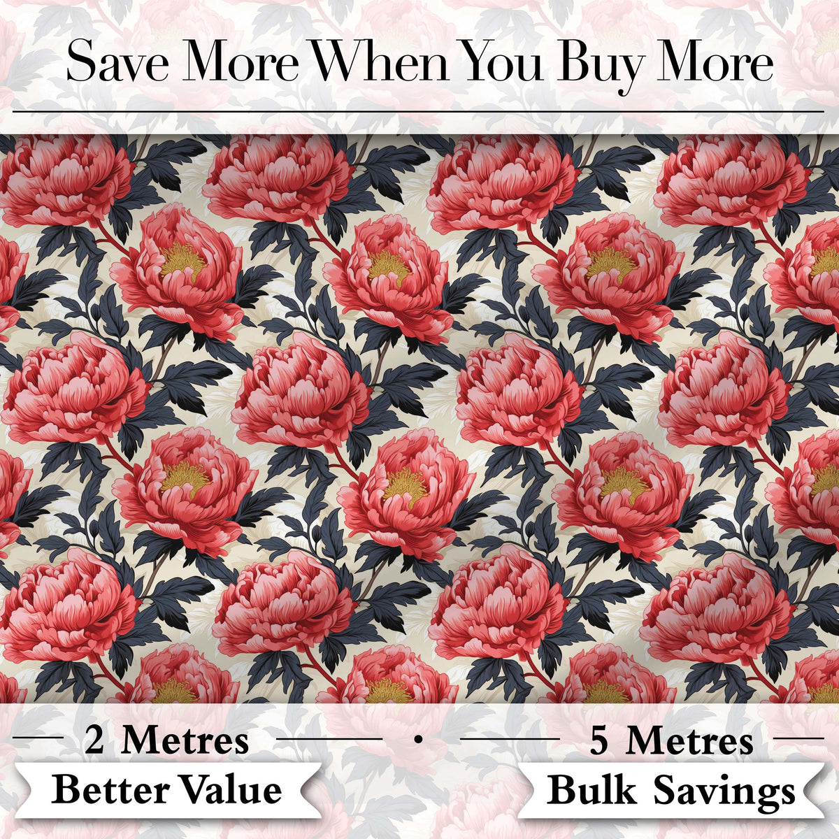 Coral Red Peony Flowers with Dark Leaves Seamless Pattern Digital Print Fabric by the Metre UK Sewing Quilting Textile