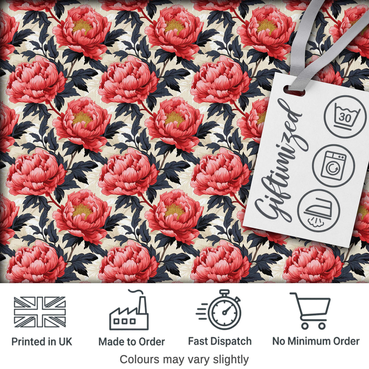 Coral Red Peony Flowers with Dark Leaves Seamless Pattern Digital Print Fabric by the Metre UK Sewing Quilting Textile