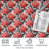 Coral Red Peony Flowers with Dark Leaves Seamless Pattern Digital Print Fabric by the Metre UK Sewing Quilting Textile